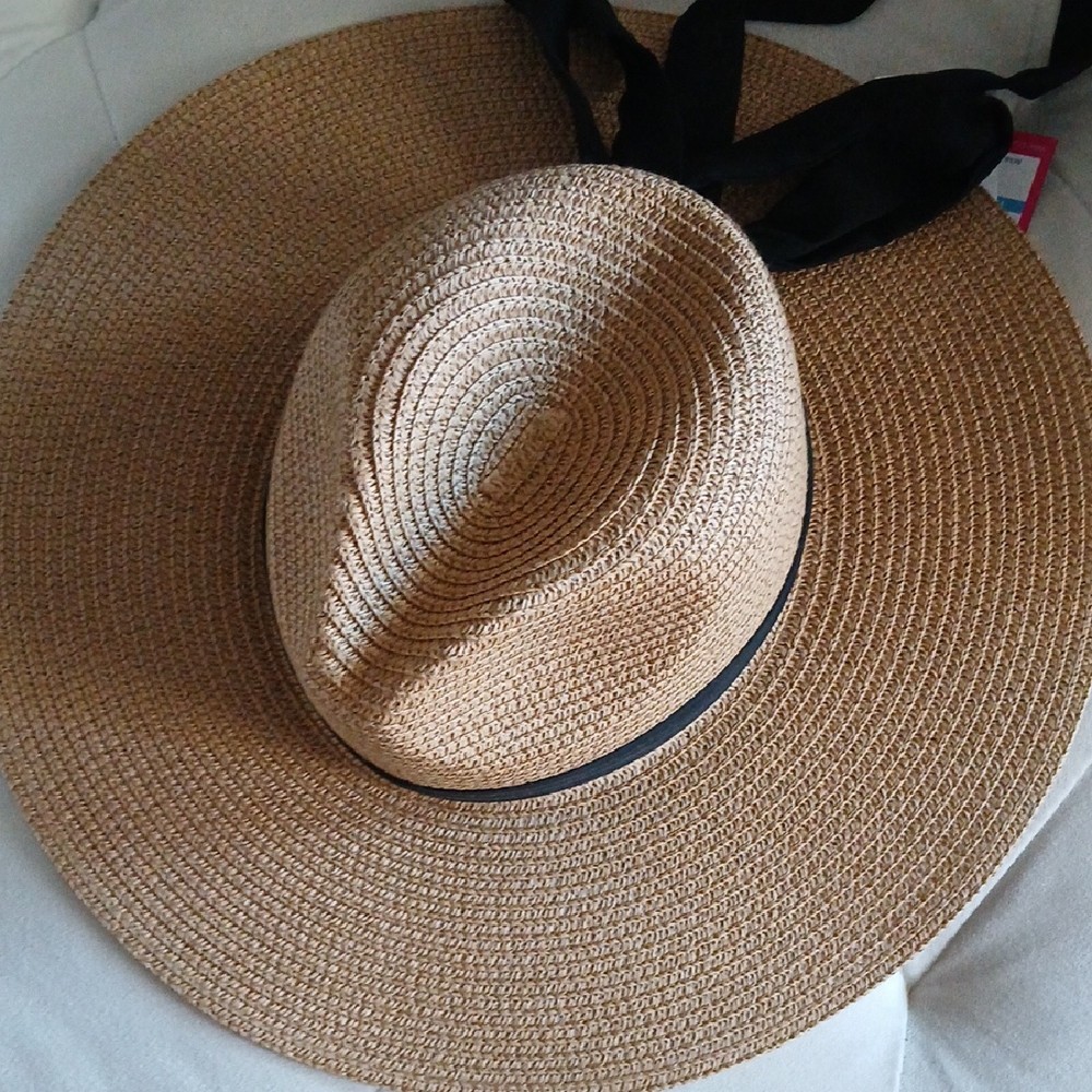 Vince Camuto Tan Wide-Brim Hat with Black Ribbon